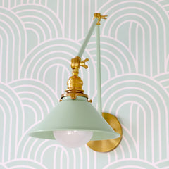 Mint and brass adjustable wall sconce for kitchens bathrooms, and more