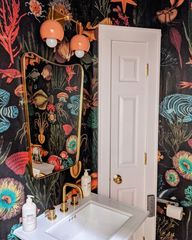 Bold bathroom with a sealife theme with a peach and brass mid century modern style wall sconce