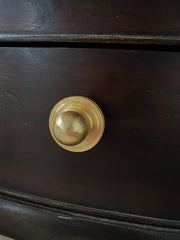 Close-up of the Phillip Drawer Pull, a round solid brass cabinet knob with a 1-inch ball and detailed beaded backplate, installed on a dark wood drawer. Ideal for traditional, transitional, or vintage-inspired kitchens, dressers, and bathroom vanities. A timeless furniture hardware upgrade handcrafted from solid brass with a warm golden finish.