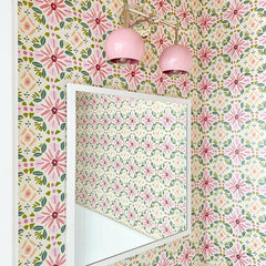 Pink and chrome double loa sconce on green and pink wallpaper