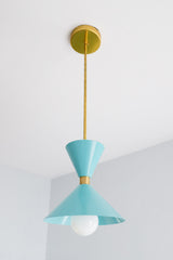 Pastel tiffany blue and brass mid century modern inspired pendant light fixture for kitchen island design