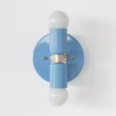 Pastel Blue & Chrome small wall sconce with a pop of color.  Colorful bathroom light fixture