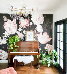 Floral music room with brass and glass modern chandelier