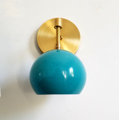 brass and tiffany blue turquoise lighting wall sconce gumball eyeball shade midcentury inspired task lighting