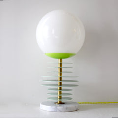 Mint and chartreuse unique stacked disc lamp with marble base and neon cord
