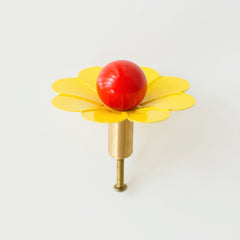 Yellow & Poppy Orange 60s style flower drawer pull or cabinet knob.  Cute hardware for retro style decor