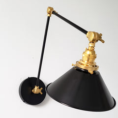 black and brass adjustable wall mount sconce for kitchen open shelving bedside reading or angled task lamp