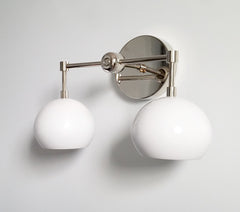 white and chrome two light modern wall sconce with white shades