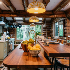 mustard and white abstract finish pendants in a log cabin with a rustic counter and butcher block countertops