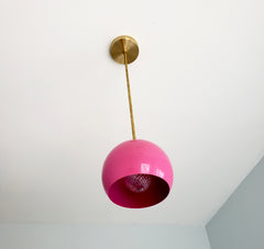 brass and bright pink midcentury modern MCM style chandelier pendant kitchen lighting