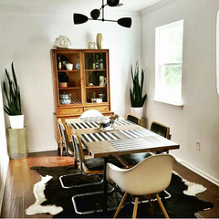 mid century modern dining room white walls black chandelier