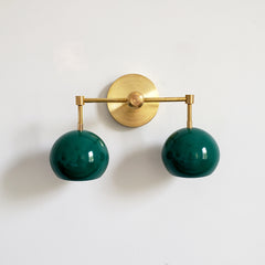 Brass and Emerald Green two light wall sconce vanity lighting midcentury modern inspired