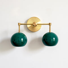 Brass and Emerald Green two light wall sconce vanity lighting midcentury modern inspired