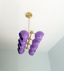 orchid purple and brass modern chandelier with italian mid century inspired design colorful light fixture for nursery or childrens room decor