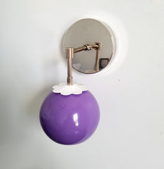 orchid purple lilac and chrome single daisy loa sconce midcentury modern feminine floral wall sconce lighting nursery and childrens bedroom decor colorful light fixture