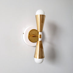 white and brass art deco inspired 2 light wall lighting for bathrooms or accent lighting