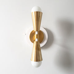 white and brass art deco inspired 2 light wall lighting for bathrooms or accent lighting