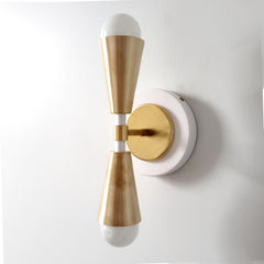 white and brass art deco inspired 2 light wall lighting for bathrooms or accent lighting