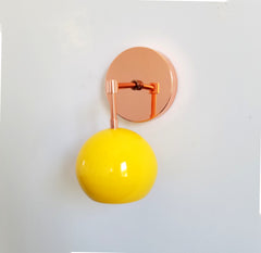yellow and copper eyeball shade wall sconce nursery decor vanity lighting mid century modern inspired powdercoated yellow wall lighting