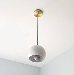 Brass and White kitchen pendant lighting midcentury modern inspired globe shade