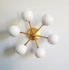 brass and white eyeball shade flushmount ceiling fixture midcentury modern colorful lighting modern design
