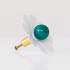 Daisy drawer pull knob with emerald green center. Retro 60s vibe cabinet knob