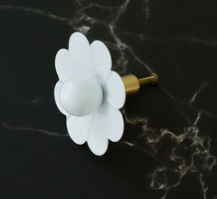 All white retro-style cabinet or furniture knob in the shape of a daisy l  Beautiful and feminine daisy drawer pull knob.
