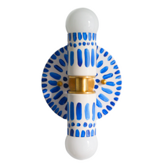 Handpainted blue and white patterned wall sconce inspired by Greece & Portugal.  Maximalist style wall sconce that has a natural element because each one is hand-painted.  The painted thalia is a perfect small sconce that doubles as a statement light fixture because of the bold design.  Great for bathrooms, hallways, and more.  