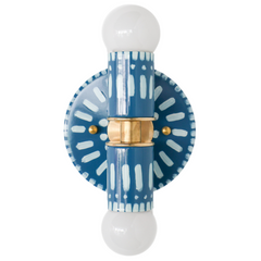 Handpainted blue and white patterned wall sconce inspired by Greece & Portugal.  Maximalist style wall sconce that has a natural element because each one is hand-painted.  The painted thalia is a perfect small sconce that doubles as a statement light fixture because of the bold design.  Great for bathrooms, hallways, and more.  