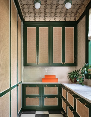 Butler’s pantry with dark green shaker cabinets and cane-front doors, brass latches, marble countertop, checkerboard floor, and vine-patterned wallpapered ceiling, illuminated by a pair of Sazerac Stitches Abeille flushmount ceiling lights in green with white globe bulbs; compact low-profile fixtures that suit pantries, mudrooms, and laundry rooms; natural light, potted greenery, and stacked orange boxes add contrast.
