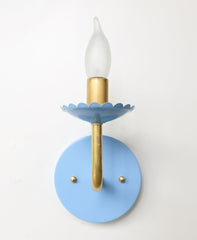 Pastel baby blue and Brass feminine wall sconce with scalloped bobeche detail