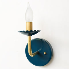 Lagoon blue green and Brass feminine wall sconce with scalloped bobeche detail