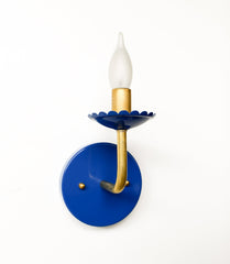 Bright Blue and Brass feminine wall sconce with scalloped bobeche detail