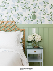 Adele wall sconce in vista green and chrome styled in a serene bedroom with green board and batten wainscoting and hydrangea floral wallpaper, timeless wall lighting fixture for bedside reading light, hallway lighting, powder room lighting, or guest bedroom, modern traditional sconce with exposed bulb and minimal profile, perfect for coastal, grandmillennial, and English cottage interiors