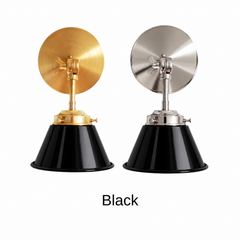 A black wall sconce with a glossy cone shade, shown in Black with brass or nickel hardware. It has a single light, a round backplate, and a swivel knuckle with a wing nut so you can aim the shade where you need it. Mount a pair by a bathroom mirror as a vanity light, one over a kitchen sink or open shelving, or one by a bed for reading. Black and brass look sharp on white subway tile, marble, and dark green walls, so it suits modern farmhouse, industrial, and classic traditional rooms.