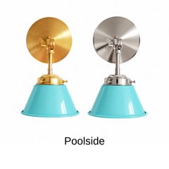 An aqua turquoise wall sconce with a glossy cone shade, shown in Poolside with brass or nickel hardware. It has a single light, a round backplate, and a swivel knuckle with a wing nut so you can aim the shade where you need it. Mount a pair by a bathroom mirror as a vanity light, one by a bed, or one over a kitchen sink. Aqua pairs well with coral, white shiplap, and natural rattan, so it suits coastal, beach house, and retro 50s bathroom and kitchen decor.