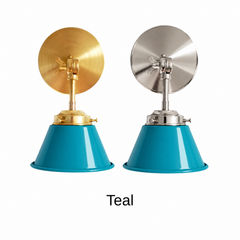 A teal blue wall sconce with a glossy cone shade, shown in Teal with brass or nickel hardware. It has a single light, a round backplate, and a swivel knuckle with a wing nut so you can angle the shade toward a bed, a desk, or a mirror. Use it as a bedside reading light, a vanity light in a bathroom, or a task light over a desk in a home office. Teal looks great with orange or yellow accents, white walls, and walnut, so it suits mid century modern, colorful, and eclectic rooms.