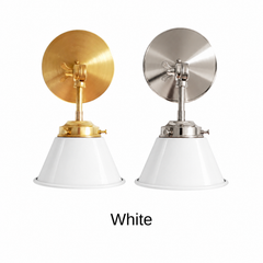 A white wall sconce with a glossy cone shade, shown in White with brass or nickel hardware. It has a single light, a round backplate, and a swivel knuckle with a wing nut so you can angle the shade toward a bed, a mirror, or a counter. Use it as a bedside sconce, a vanity light next to a bathroom mirror, or a pair over a kitchen sink. White works on any wall color and pairs well with marble, beadboard, and natural wood, so it suits farmhouse, Scandinavian, and schoolhouse style rooms.