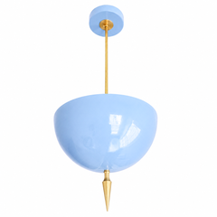 Handmade light-blue pendant in a soft, glossy celestial blue — a high-gloss powder-coated dome in a pale sky-periwinkle tone, lifted by a slim brass stem and a hand-turned brass finial. The color is calm and airy: it reads gentle cornflower in daylight and softens further under lamplight, so it brings a serene, dreamy note to a nursery, bedroom, or bathroom while still popping against warm brass. Perfect over a kitchen island, a vanity, a reading nook, or an entryway that could use a breath of sky. Shop han