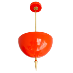 The Alexander Pendant is a bold, sculptural statement light with a dome-shaped steel shade, slim brass stem, and a sharp Roman-inspired spike. Because the shade is opaque powder-coated steel, this pendant is designed for ambient lighting only. It throws a soft glow up onto the ceiling rather than bright task light below. The silhouette feels masculine and architectural, with strong mid-century modern energy. Available in 30+ powder coat colors, it can read moody and dramatic or bright and playful, perfect f