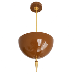 Handmade brown pendant light in a glossy fudge tone that works like a warm neutral with real depth — a high-gloss powder-coated dome in rich chocolate-caramel, paired with a slim brass stem and a hand-turned brass finial. The color is warm and saturated: it reads soft mocha in daylight and deepens to a glossy espresso under lamplight, so it layers beautifully with brass, cream, wood, and leather in an earthy or vintage-modern room. Perfect over a kitchen island, dining nook, study, or entryway that needs a 