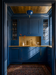 This is the butler's pantry that stops you mid-scroll: lacquered navy cabinetry taken floor to ceiling, glass-front uppers with delicate brass mullions, and the surprise move of a gold leaf ceiling and matching backsplash that make the whole room glow. An antique Persian rug and crystal decanters lean into the old-house, collected feeling. Overhead, the navy Alexander Pendant keeps the palette tight, its glossy domed shade and slim brass finial reading almost like a jewel against the gold. A master class in