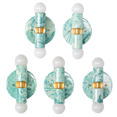 Teal and cream Thalia wall sconce with compact two-light design and sculptural disc shades, colorful modern statement lighting for a pretty powder room, feminine bathroom, or small space that needs high impact style
