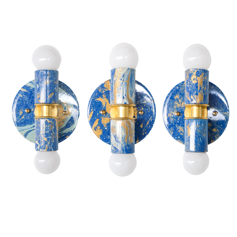 Mediterranean Blue, Cream, & Gold Marbled Small Thalia Sconces