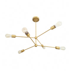 Warm brass sputnik style chandelier with 6 arms. Mid century modern inspired sleek chandelier in warm brass finish with exposed bulbs.