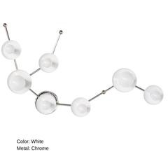 White Aquarius zodiac wall sconce in polished chrome with branching arms and white powder coated steel discs, a star sign light fixture with a clean modern look and geometric personality, ideal for contemporary bathrooms, mid century inspired spaces, and eclectic interiors.