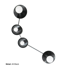 Aries zodiac constellation light fixture in all black metal with four round disc shades and white globe bulbs, modern sculptural wall sconce inspired by star signs, graphic mid century modern style lighting for hallway, entryway, bedroom, above nightstands, or moody bathroom vanity, minimalist black wall lighting for modern farmhouse, contemporary, maximalist, and eclectic interior design
