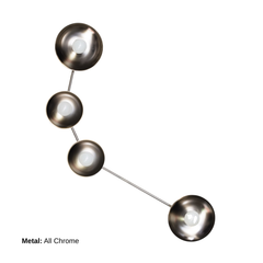 Aries zodiac constellation lighting fixture in all chrome metal with four circular disc shades and white globe bulbs, sleek modern wall sconce with reflective silver finish, contemporary mid century modern style accent light for bathroom vanity, hallway, stair landing, entryway, or bedroom, chrome wall lighting for cool toned interiors, modern glam, minimal, and high contrast black and white decor