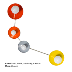 Aries constellation wall light in bold multicolor disc shades, red and flame orange with slate grey and bright yellow, paired with chrome metal hardware and white globe bulbs, playful modern star sign lighting for maximalist interiors, colorful powder room, kids room wall light, teen bedroom decor, gallery wall style entryway, or statement bathroom vanity lighting, modern mid century inspired sconce for color lovers and eclectic design