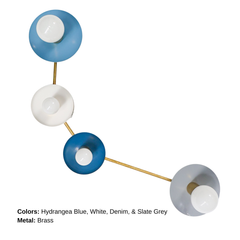 Colorblocked Aries wall sconce with four round saucer disc shades in hydrangea blue, white, denim blue, and slate grey, paired with warm brass arms and white globe bulbs on a clean white background. Sculptural modern lighting with a mid century modern vibe for a bathroom vanity, pretty powder room, hallway, bedroom, entryway, or kids room. Great for coastal decor, Scandinavian style interiors, eclectic color-forward homes, and designer lighting projects.